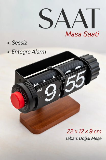 Sayfa Çevirmeli Retro Saat Ahşap Tasarım Flip Yaprak Masaüstü Mekanik Masa Saati Alarmlı Çalar Saat