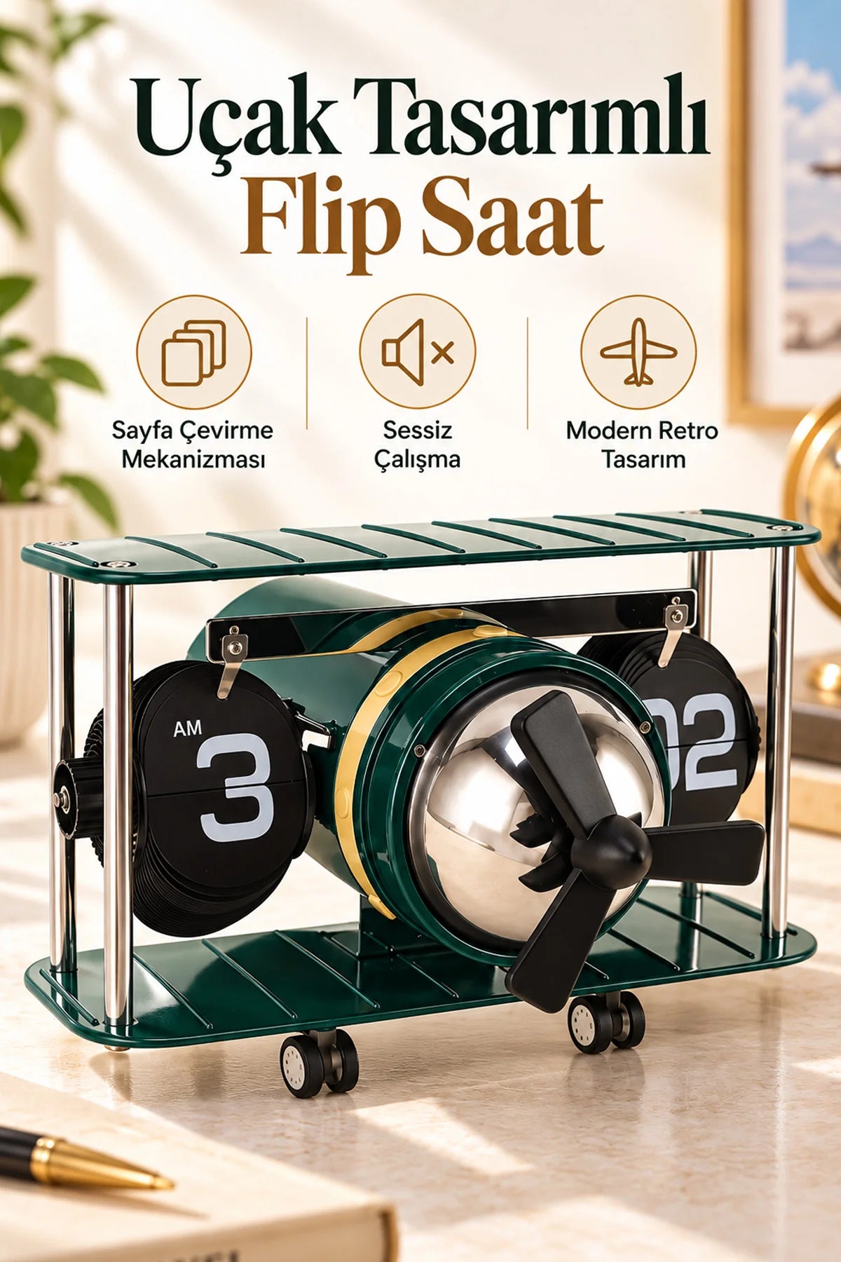 Retro Uçak Tasarımlı Sayfa Çevirmeli Masa Saati Mekanik Yaprak Flip Clock Ofis İçin Havacılık Temalı