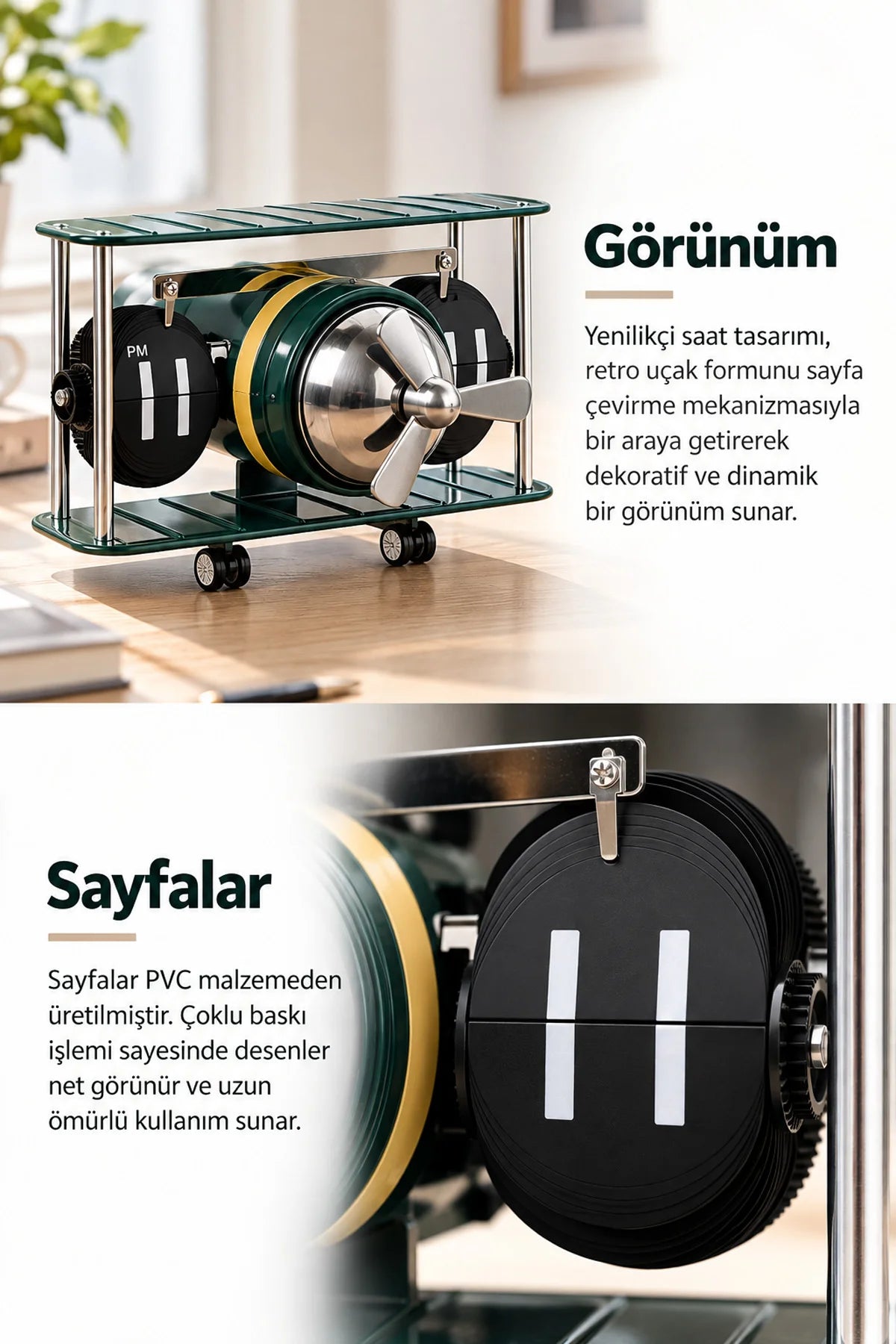 Retro Uçak Tasarımlı Sayfa Çevirmeli Masa Saati Mekanik Yaprak Flip Clock Ofis İçin Havacılık Temalı