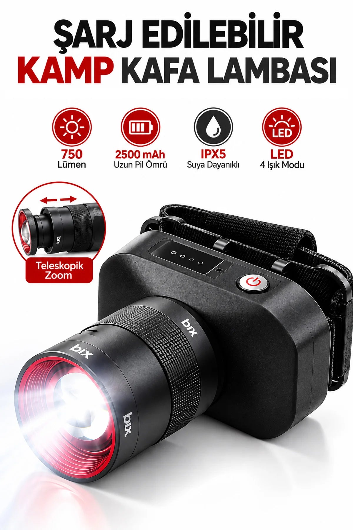 Zoomlu Şarjlı Kafa Lambası LED Kafa Feneri 10W 750 Lümen Güçlü 2500 mAh Kamp IPX5 Su geçirmez
