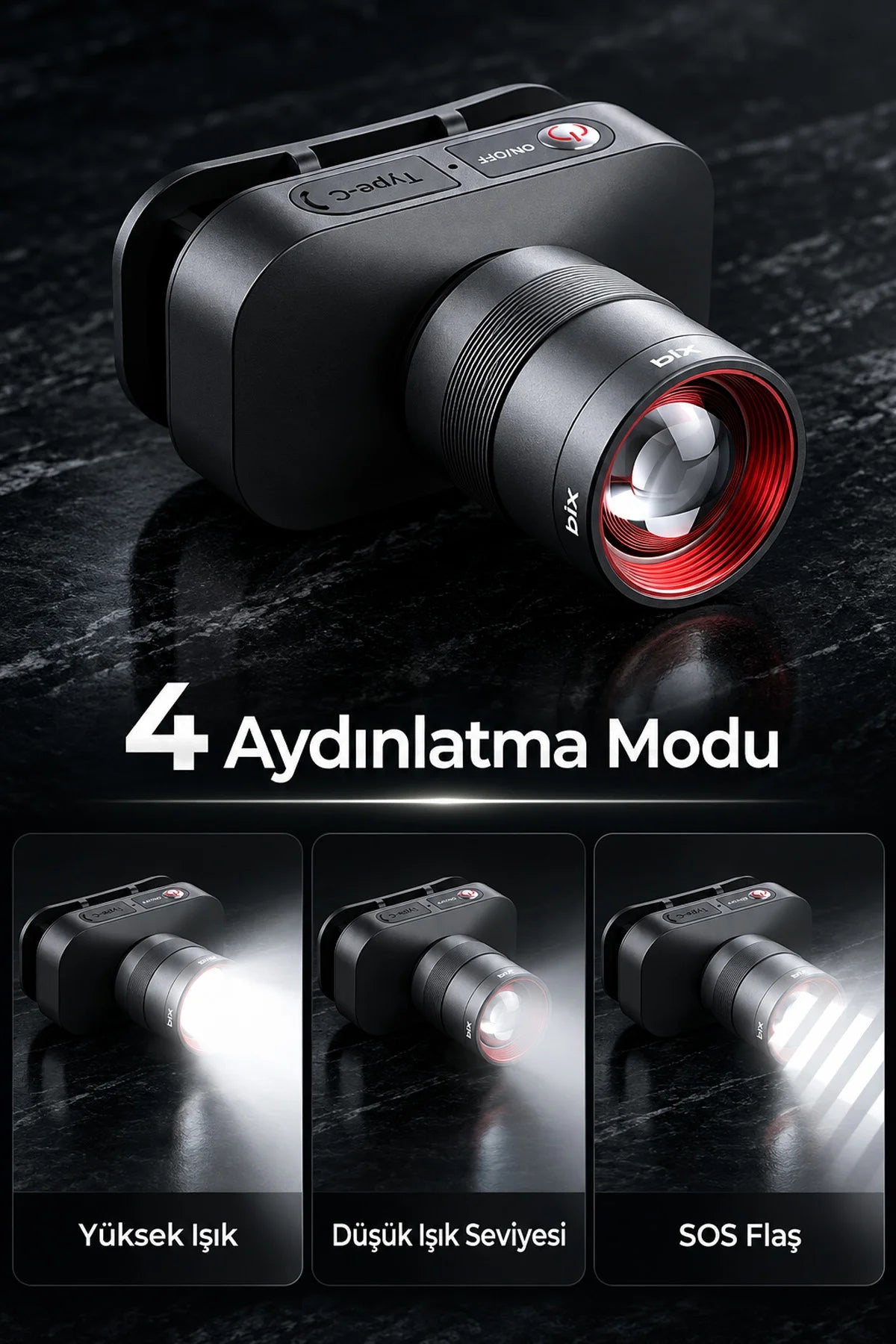 Zoomlu Şarjlı Kafa Lambası LED Kafa Feneri 10W 750 Lümen Güçlü 2500 mAh Kamp IPX5 Su geçirmez