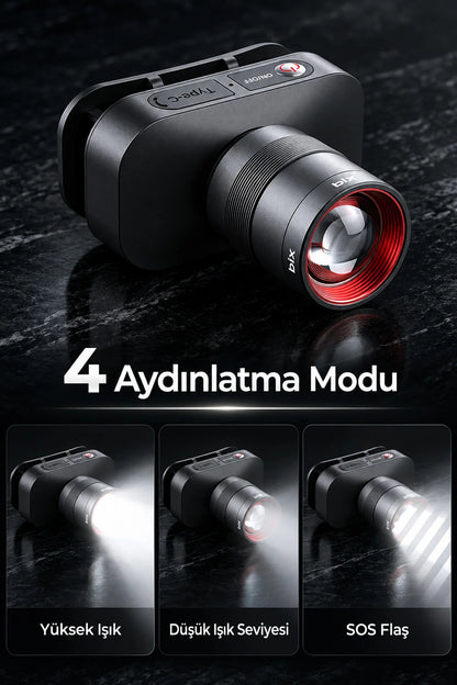 Zoomlu Şarjlı Kafa Lambası LED Kafa Feneri 10W 750 Lümen Güçlü 2500 mAh Kamp IPX5 Su geçirmez