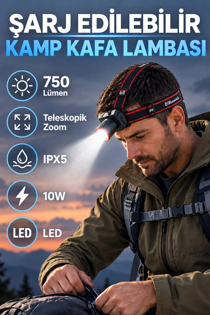 Zoomlu Şarjlı Kafa Lambası LED Kafa Feneri 10W 750 Lümen Güçlü 2500 mAh Kamp IPX5 Su geçirmez