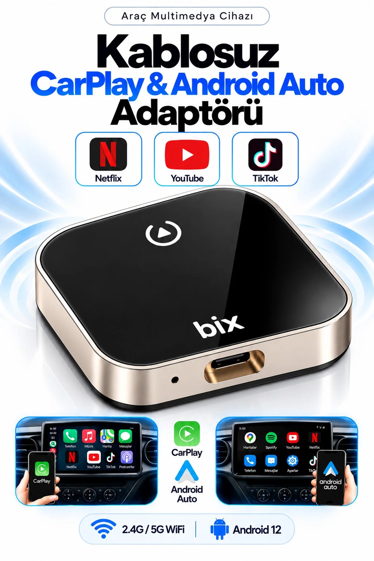 Kablosuz CarPlay Android Auto Adaptörü Video Oynatma Araç Ekranı YouTube Netflix TikTok Destekli