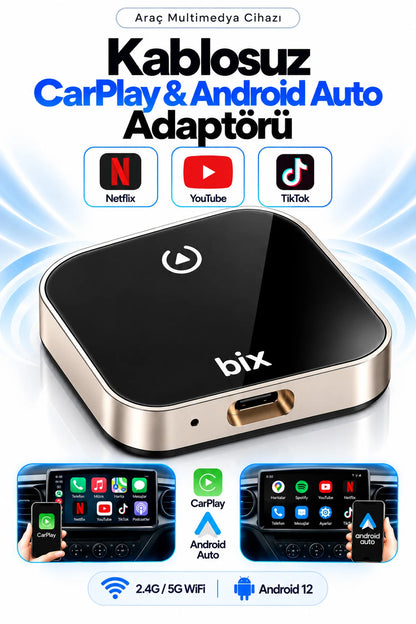 Kablosuz CarPlay Android Auto Adaptörü Video Oynatma Araç Ekranı YouTube Netflix TikTok Destekli