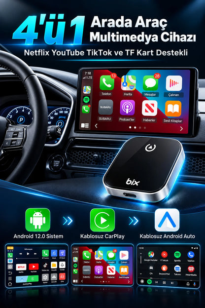 Kablosuz CarPlay Android Auto Adaptörü Video Oynatma Araç Ekranı YouTube Netflix TikTok Destekli