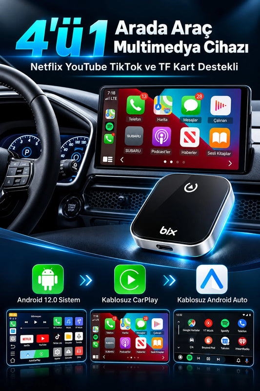 Kablosuz CarPlay Android Auto Adaptörü Video Oynatma Araç Ekranı YouTube Netflix TikTok Destekli