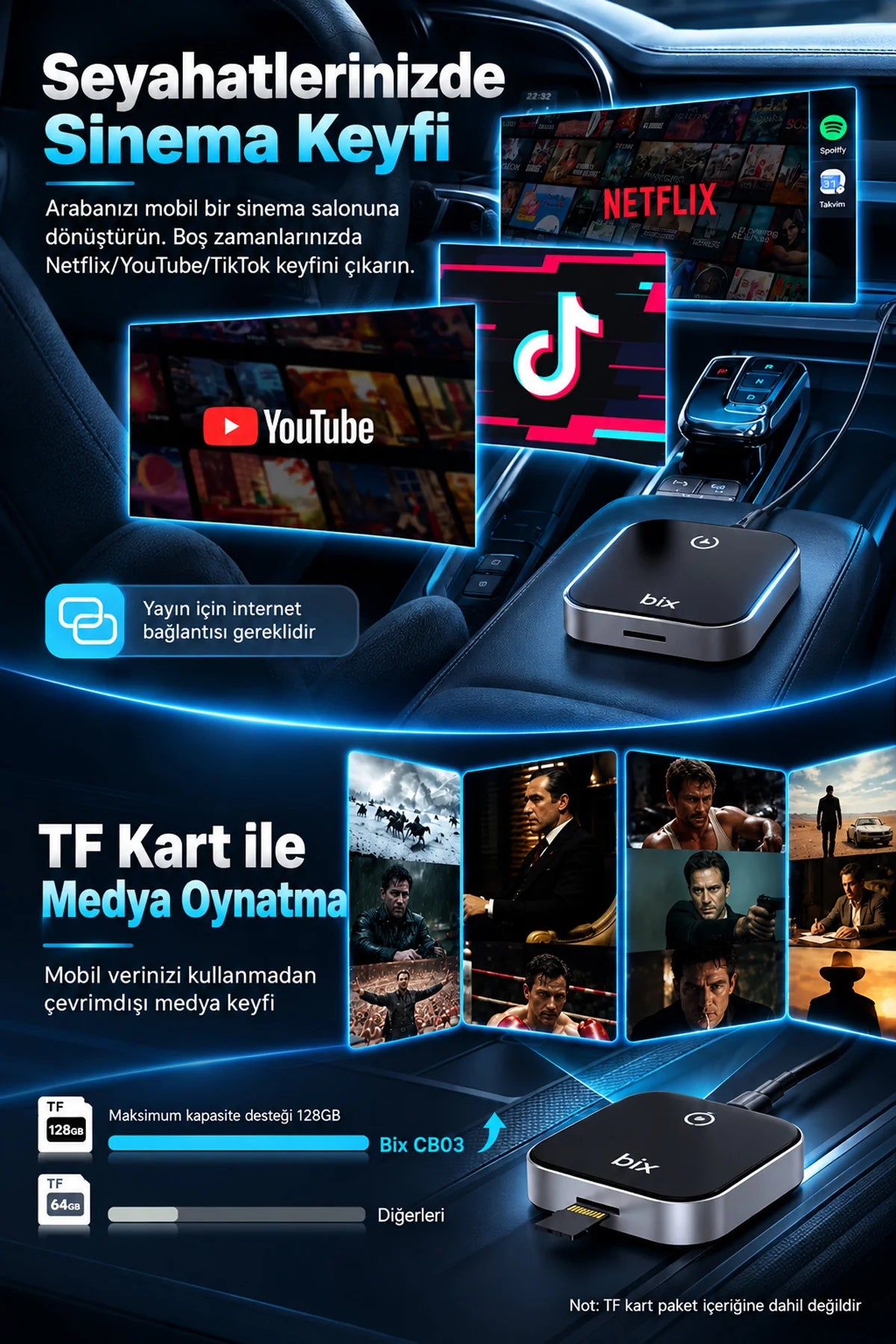 Kablosuz CarPlay Android Auto Adaptörü Video Oynatma Araç Ekranı YouTube Netflix TikTok Destekli