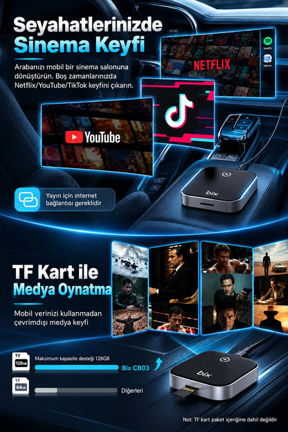 Kablosuz CarPlay Android Auto Adaptörü Video Oynatma Araç Ekranı YouTube Netflix TikTok Destekli