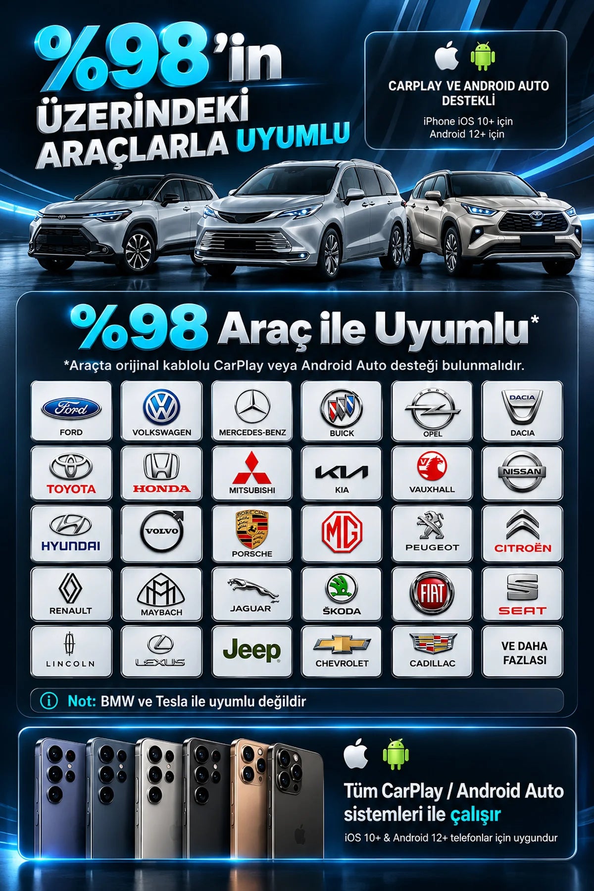Kablosuz CarPlay Android Auto Adaptörü Video Oynatma Araç Ekranı YouTube Netflix TikTok Destekli