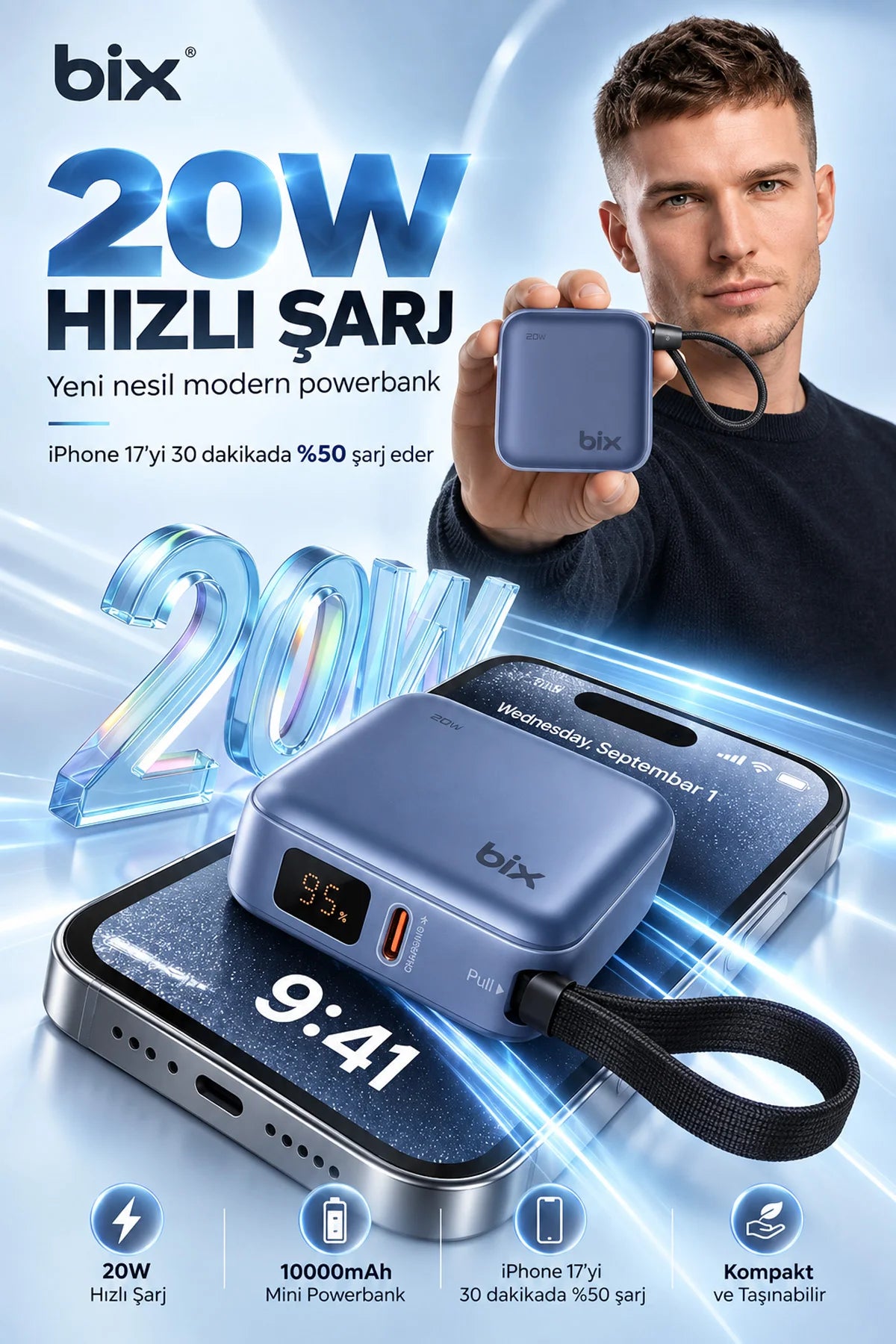 Mini Powerbank 10000 mAh Cep Boy Taşınabiler Hızlı Şarj PD 20W Dijital Göstergeli Type-C Kablolu
