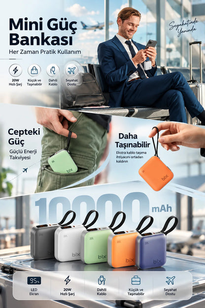 Mini Powerbank 10000 mAh Cep Boy Taşınabiler Hızlı Şarj PD 20W Dijital Göstergeli Type-C Kablolu