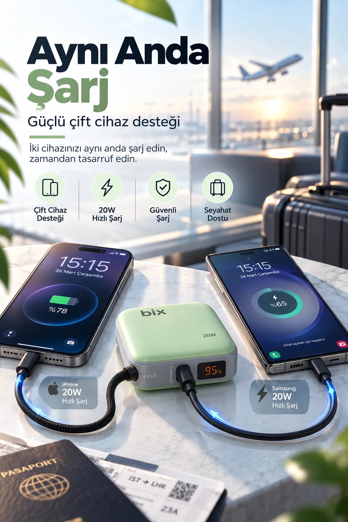 Mini Powerbank 10000 mAh Cep Boy Taşınabiler Hızlı Şarj PD 20W Dijital Göstergeli Type-C Kablolu