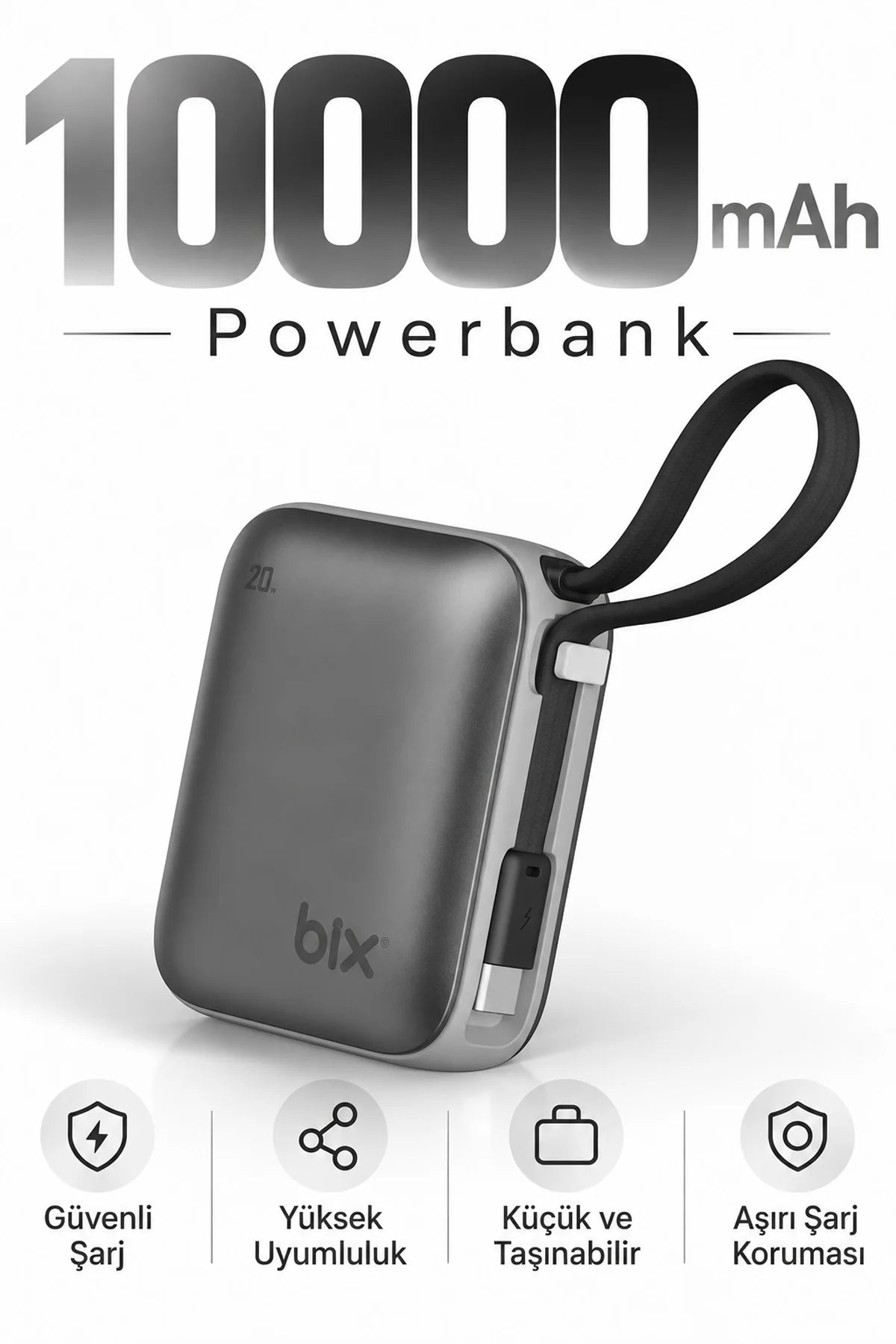Mini Powerbank 10000 mAh Cep Boy Taşınabiler Hızlı Şarj PD 20W Dijital Göstergeli Type-C Kablolu
