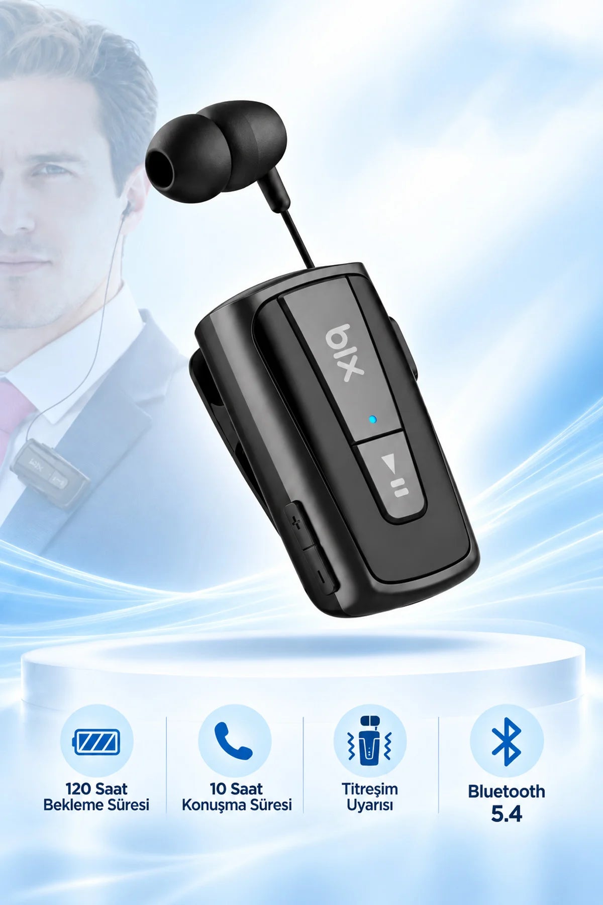 Makaralı Bluetooth Kulaklık Titreşimli Yaka Klipsli Tekli Şoför Kulaklığı Çift Telefon Bağlantılı