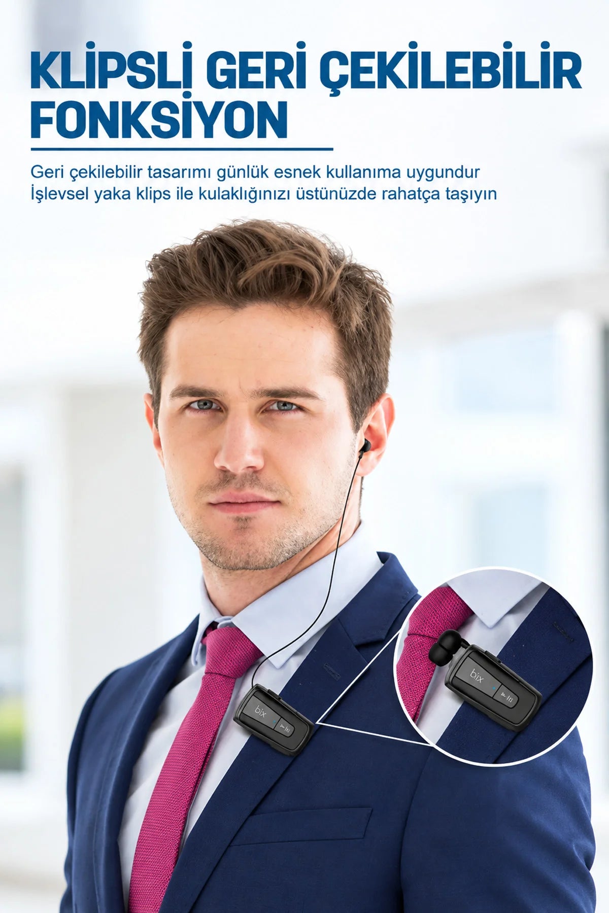 Makaralı Bluetooth Kulaklık Titreşimli Yaka Klipsli Tekli Şoför Kulaklığı Çift Telefon Bağlantılı