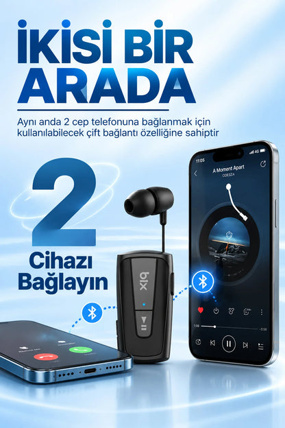 Makaralı Bluetooth Kulaklık Titreşimli Yaka Klipsli Tekli Şoför Kulaklığı Çift Telefon Bağlantılı