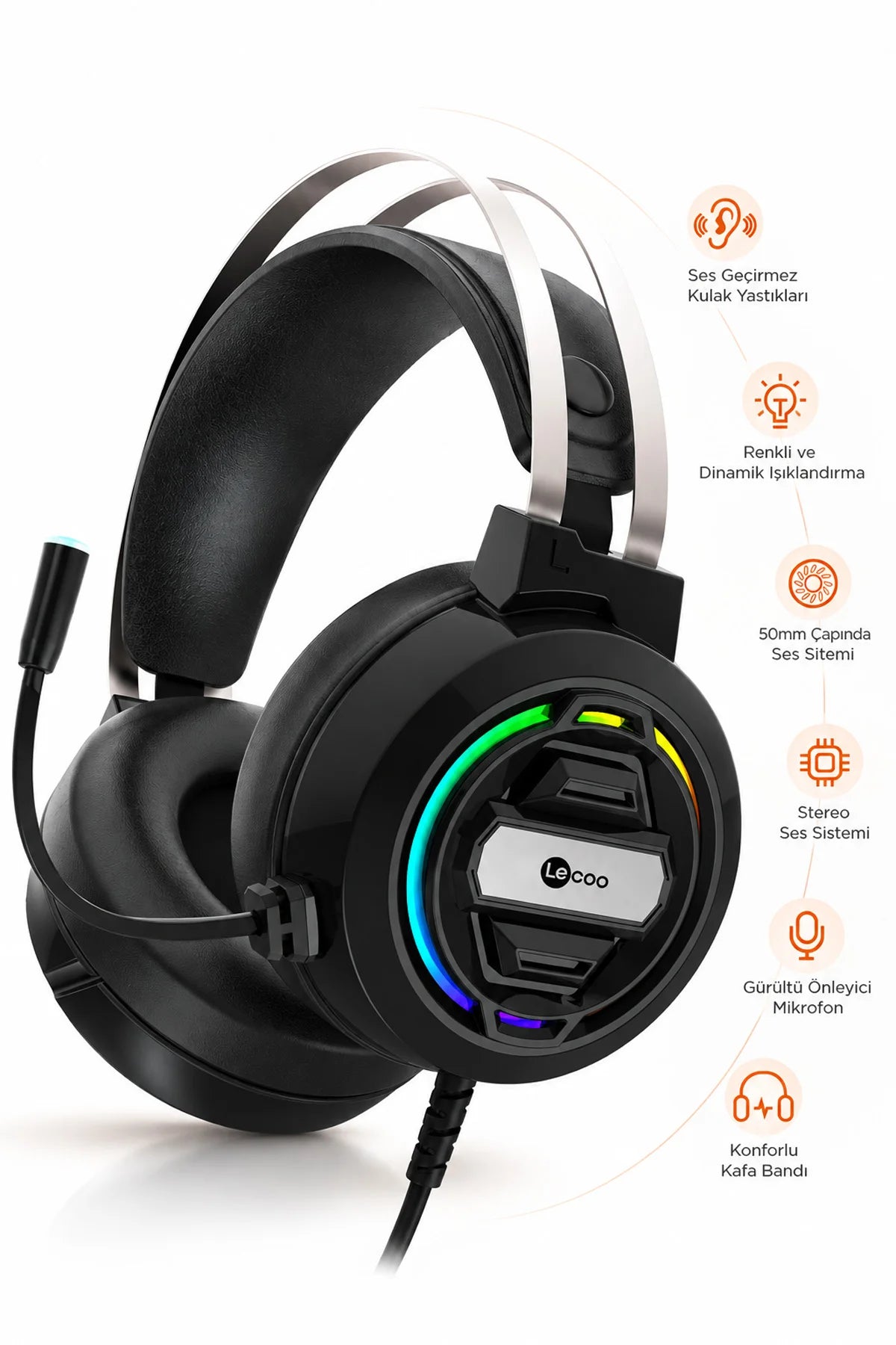 Lecoo HT401 Kablolu Oyuncu Kulaklığı RGB Işıklı Mikrofonlu Kulak Üstü Gaming Headset