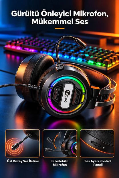 Lecoo HT401 Kablolu Oyuncu Kulaklığı RGB Işıklı Mikrofonlu Kulak Üstü Gaming Headset