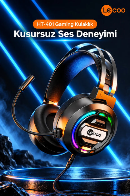 Lecoo HT401 Kablolu Oyuncu Kulaklığı RGB Işıklı Mikrofonlu Kulak Üstü Gaming Headset