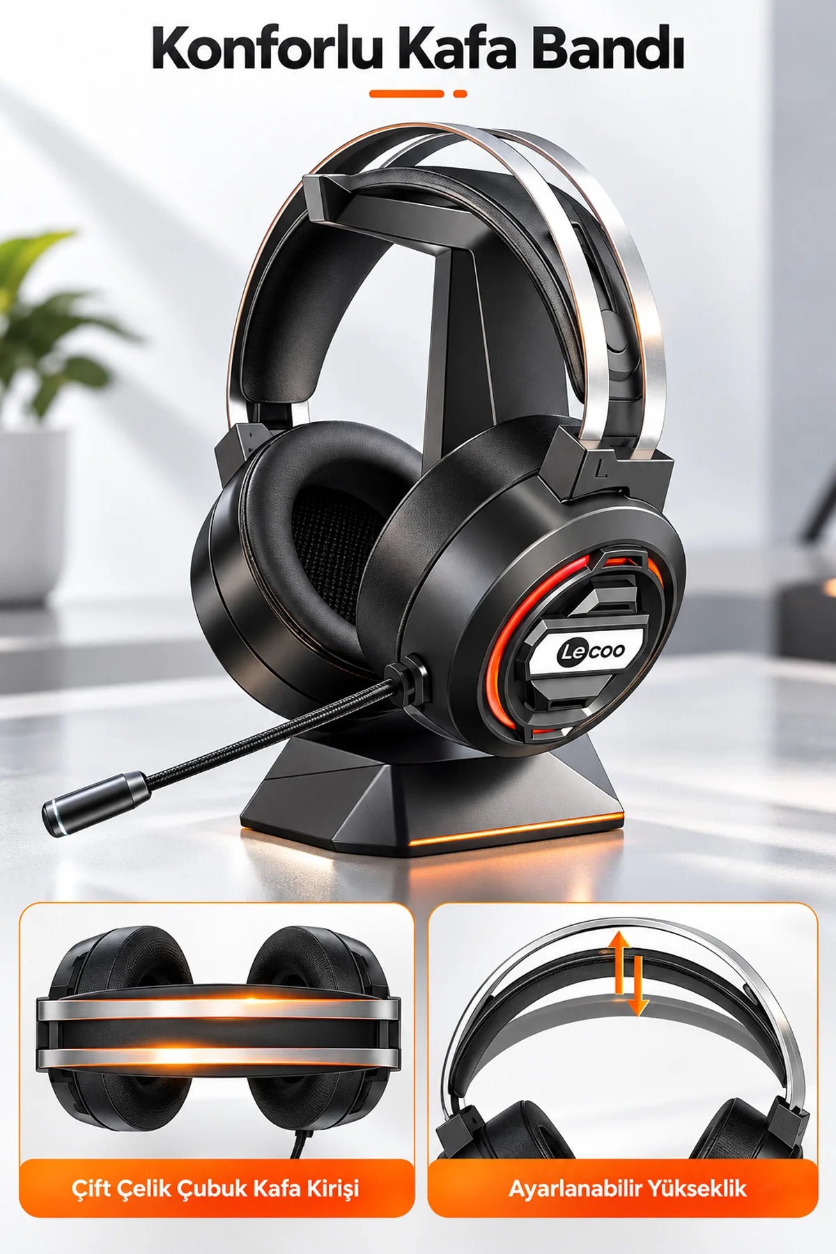 Lecoo HT401 Kablolu Oyuncu Kulaklığı RGB Işıklı Mikrofonlu Kulak Üstü Gaming Headset