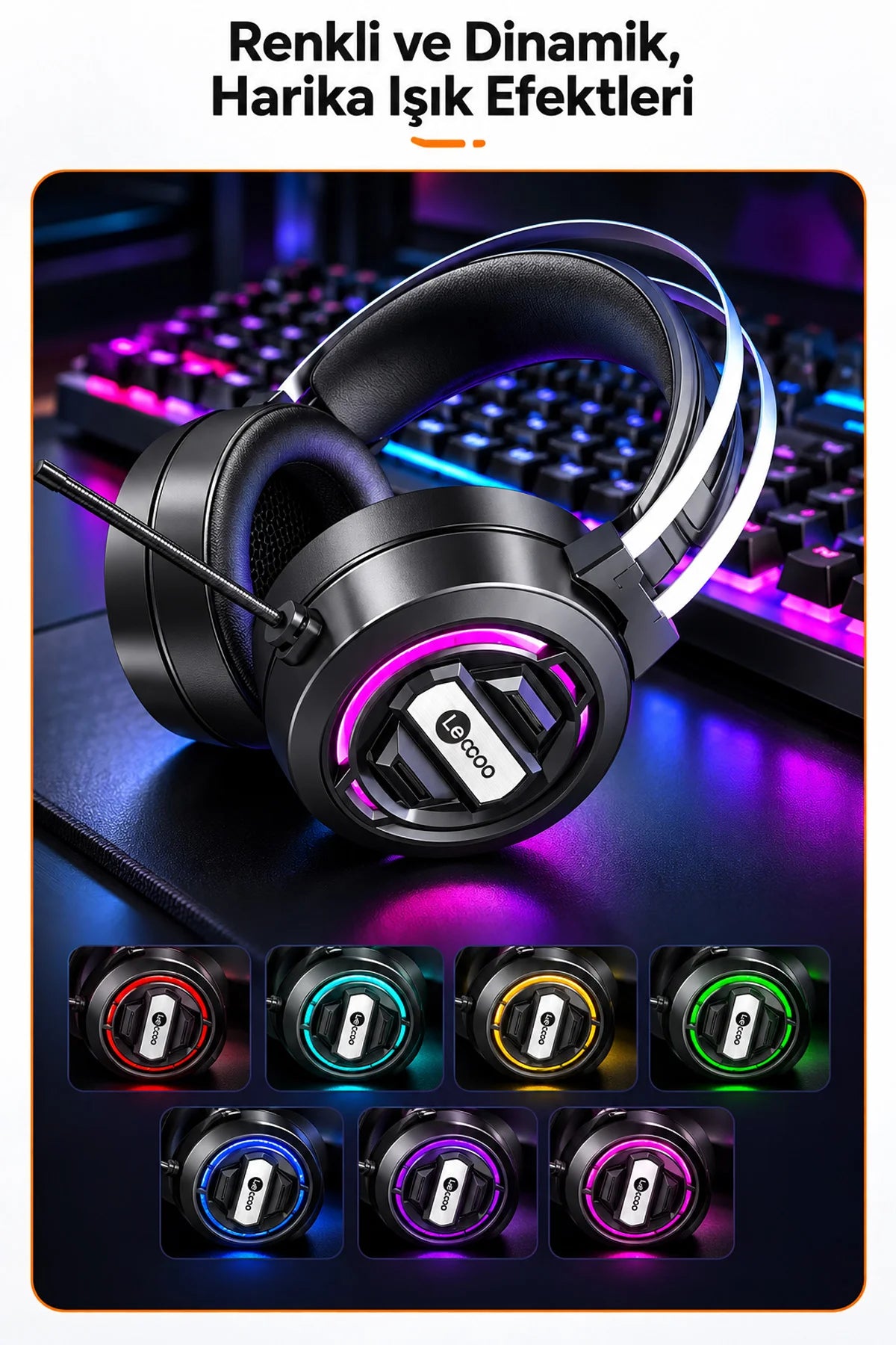 Lecoo HT401 Kablolu Oyuncu Kulaklığı RGB Işıklı Mikrofonlu Kulak Üstü Gaming Headset