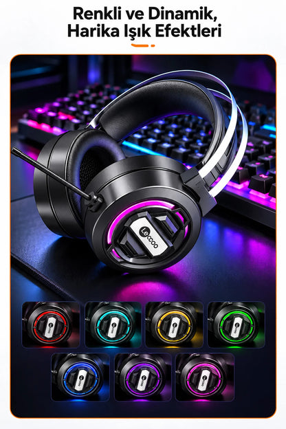 Lecoo HT401 Kablolu Oyuncu Kulaklığı RGB Işıklı Mikrofonlu Kulak Üstü Gaming Headset