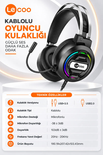 Lecoo HT401 Kablolu Oyuncu Kulaklığı RGB Işıklı Mikrofonlu Kulak Üstü Gaming Headset