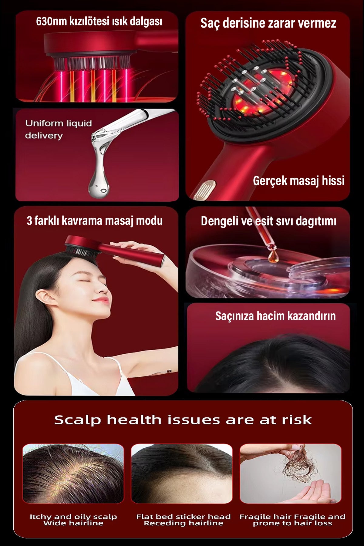 Saç Bakım Masaj Tarağı Şarjlı Yağ Aplikatörlü Saç Derisi Masaj Fırçası Kırmızı Işık Terapisi - Görsel 3