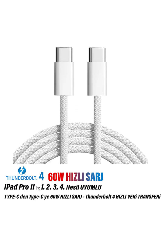 iPad Pro 11 inç 1. 2. 3. 4. Nesil Tablet Şarj Kablosu Type-C Thunderbolt 4 60W
