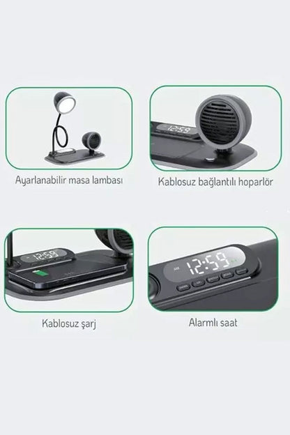Kablosuz Şarj Standı 4in1 Apple Iphone - Android Uyumlu Çok Amaçlı Bluetooth Hoparlör Masa Lambası - Görsel 3