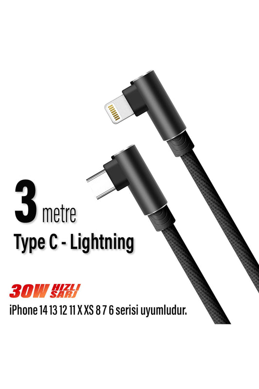 3 Metre Uzun TYPE-C Şarj Kablosu iPhone 14 13 12 11 Uyumlu HIZLI  Şarj (Pro Pro Max Plus Uyumlu)