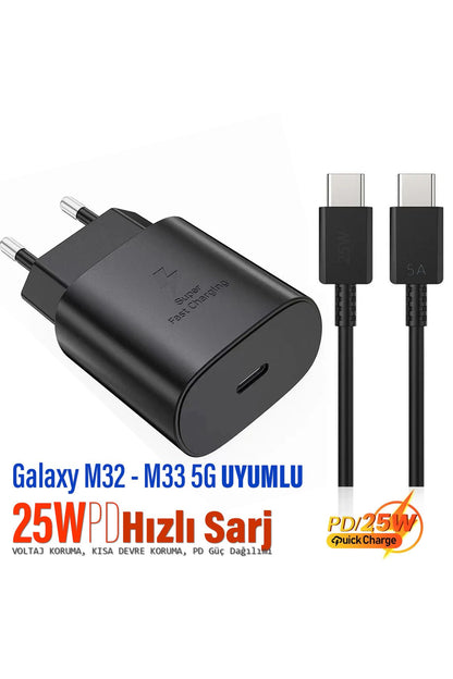Samsung Galaxy M32 - Galaxy M33 5G Uyumlu Şarj Aleti 25W HIZLI  ve 5A Şarj Kablosu