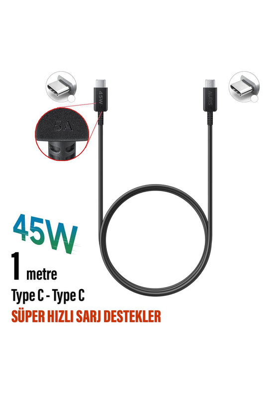 45W Süper Hızlı Şarj Kablosu Type C - Type C Samsung TYPE-C Telefonlar Uyumlu