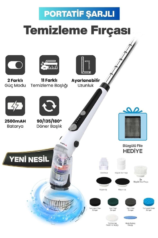 Kablosuz Şarjlı Temizlik Fırçası 11 Farklı Başlıklı Temizleme Fırçası Seti Ev Araç Banyo Mutfak İçin