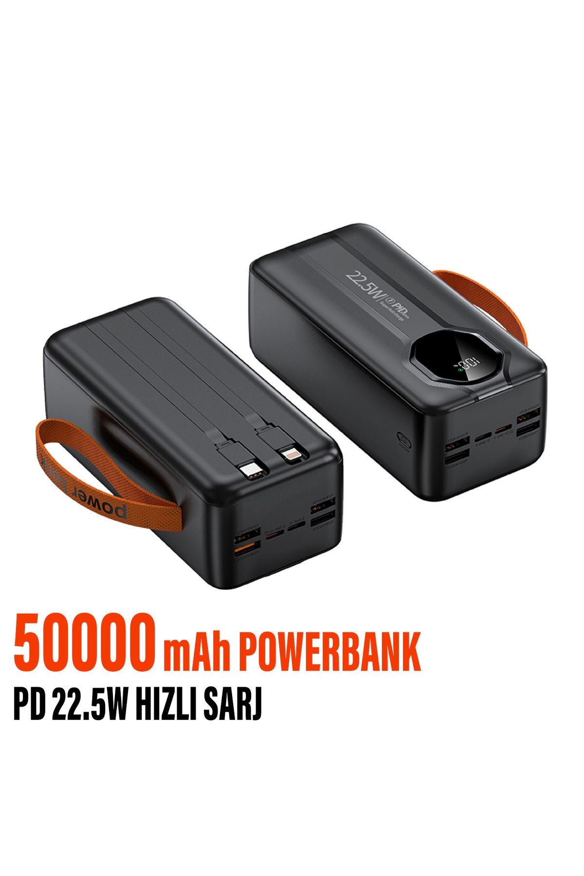 50.000 mAh Hızlı Şarj PD 22.5W Taşıma Askılı  Powerbank 4x USB 2x Type-C Kendinden Kablolu Powerbank
