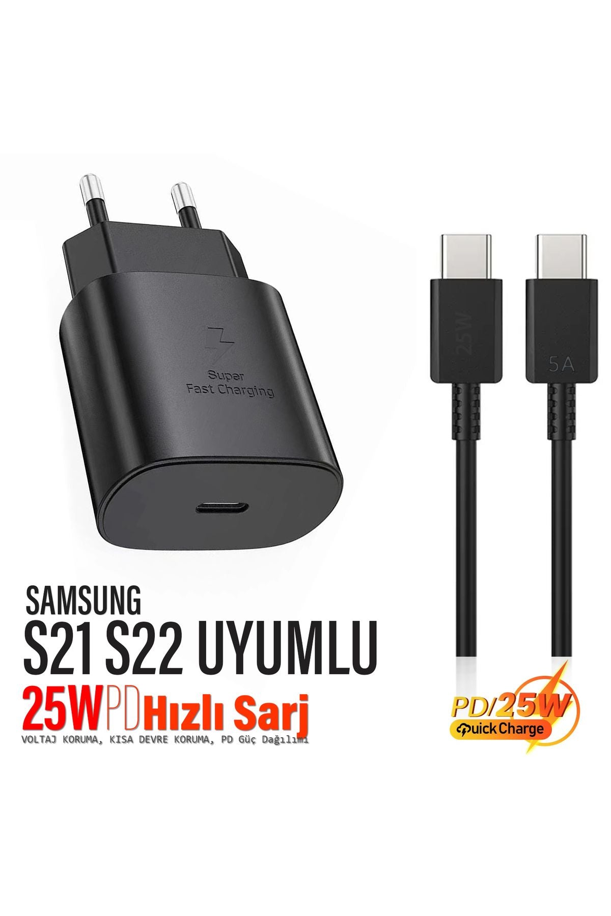 Samsung Galaxy S21 - Samsung S22 Uyumlu Şarj Aleti ve Kablosu 25W Hızlı Şarj Type-C