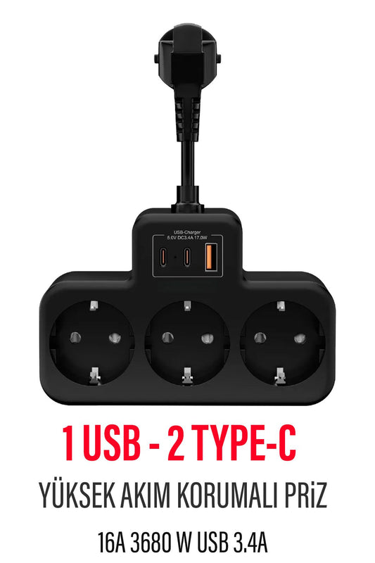 Çoklu Kablolu Priz -Priz Çoğaltıcı-Priz Dönüştürücü 1USB - 2Type-C Girişli Yüksek Akım Korumalı Fiş