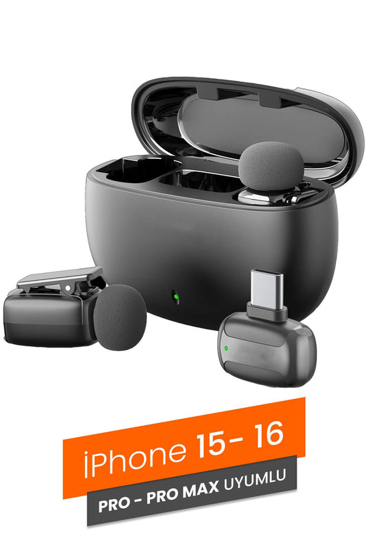 Profesyonel Kablosuz Yaka Mikrofonu iPhone 15/16 Uyumlu 2 Mikrofonlu Type-C
