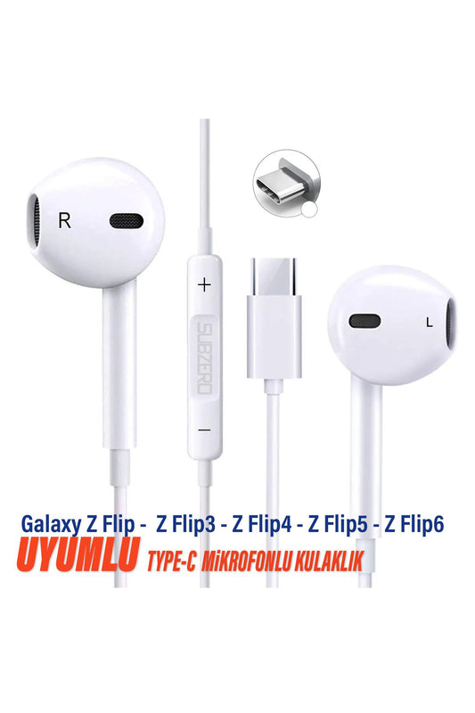 Samsung Z Flip -  Z Flip3 - Z Flip4 - Z Flip5 - Z Flip6 Uyumlu Type-C Mikrofonlu Kulaklık Beyaz