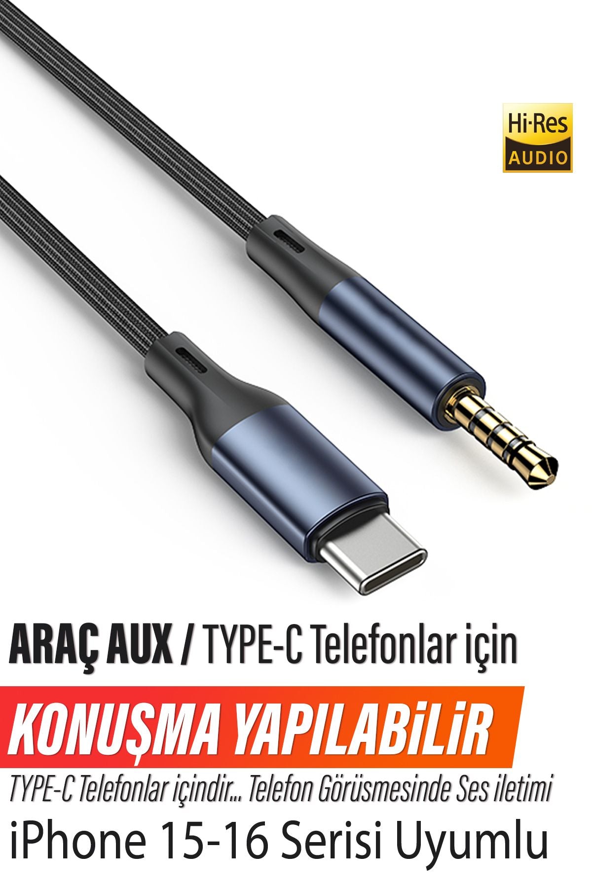 iPhone 16 - 16 pro - 16 Pro Max Telefon Konuşma Yapılabilir AUX Kablo Type-C Çevirici Kablo