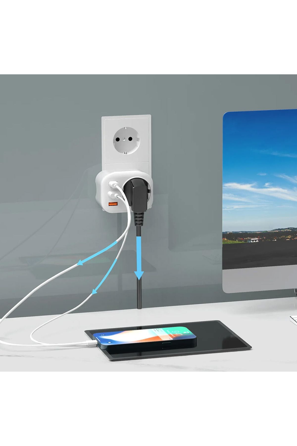USB Type-C Priz Şarj Adaptörü Priz - 2 USB - 1 Type-C Girişli Çoklu Priz Fiş - Görsel 5