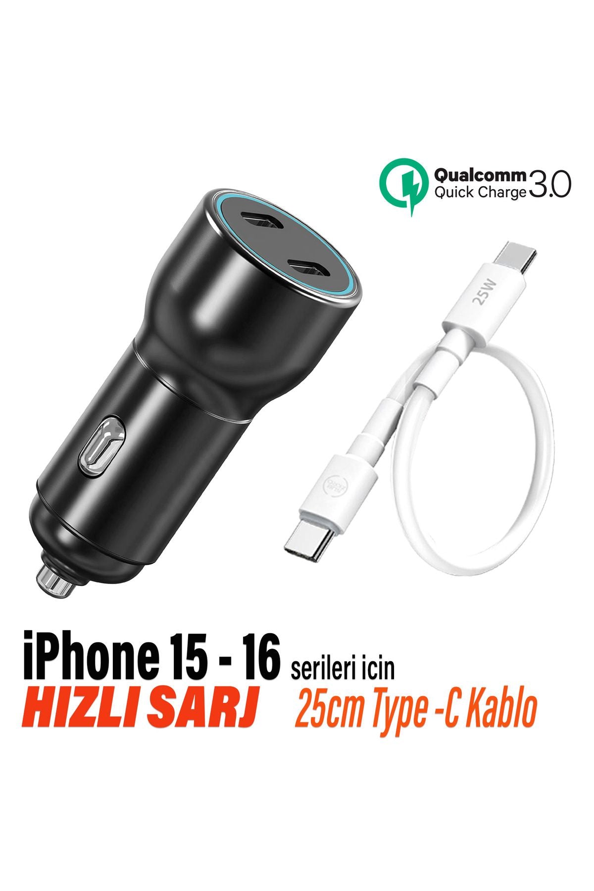 Hızlı Araç Şarj Aleti Iphone 15 - 16 Serisi Uyumlu Araba 60w Hızlı Şarj Cihazı Ve 25cm Kablo