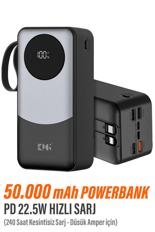 50.000 mAh Hızlı Şarj 22.5W Powerbank 4xUSB 2xType-C Kendinden Kablolu Powerbank Dijital Göstergeli