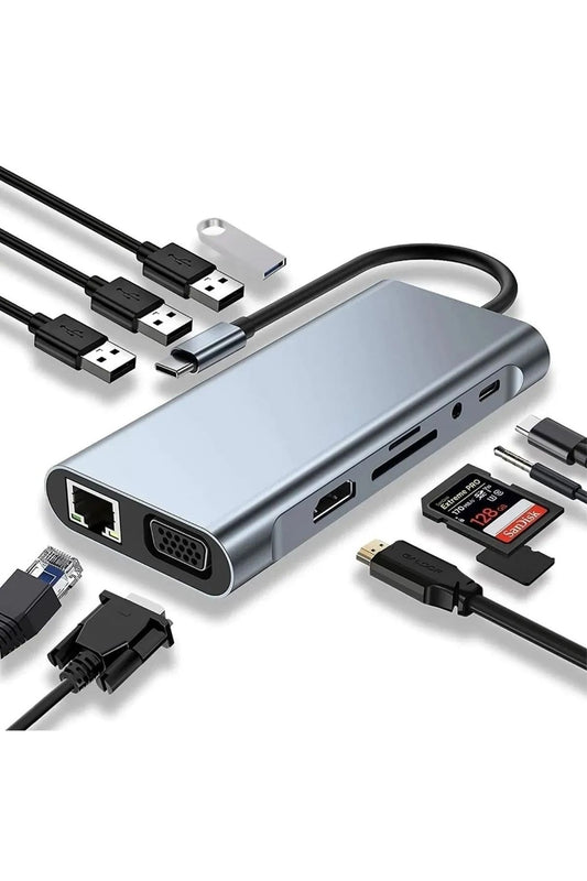 11 in 1 Type-C HDMI ETHERNET Çevirici Hub Çoğaltıcı HDMI 4K/RJ45/USB/TF/TYPEC/VGA Giriş