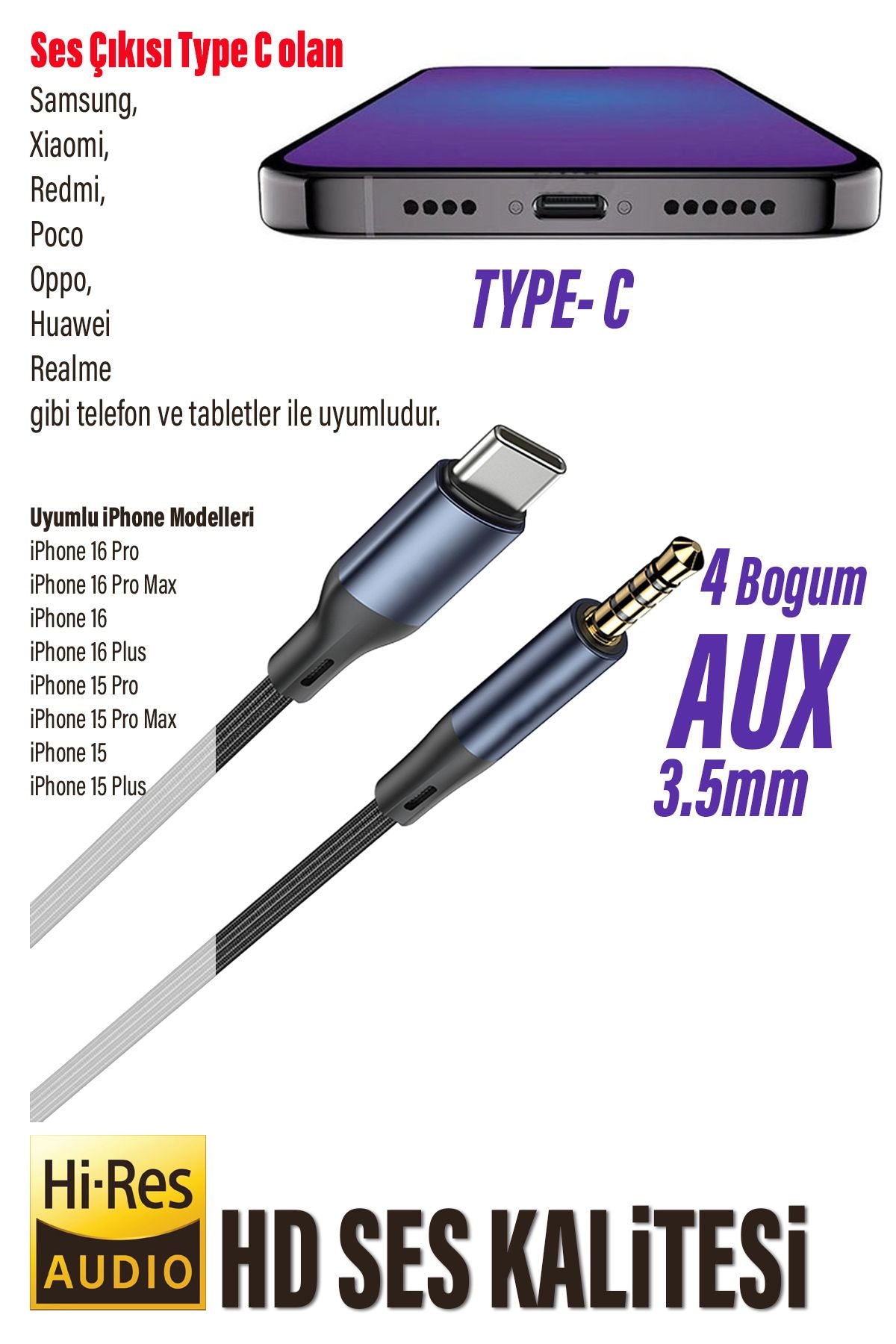 iPhone 16 - 16 pro - 16 Pro Max Telefon Konuşma Yapılabilir AUX Kablo Type-C Çevirici Kablo - Görsel 3