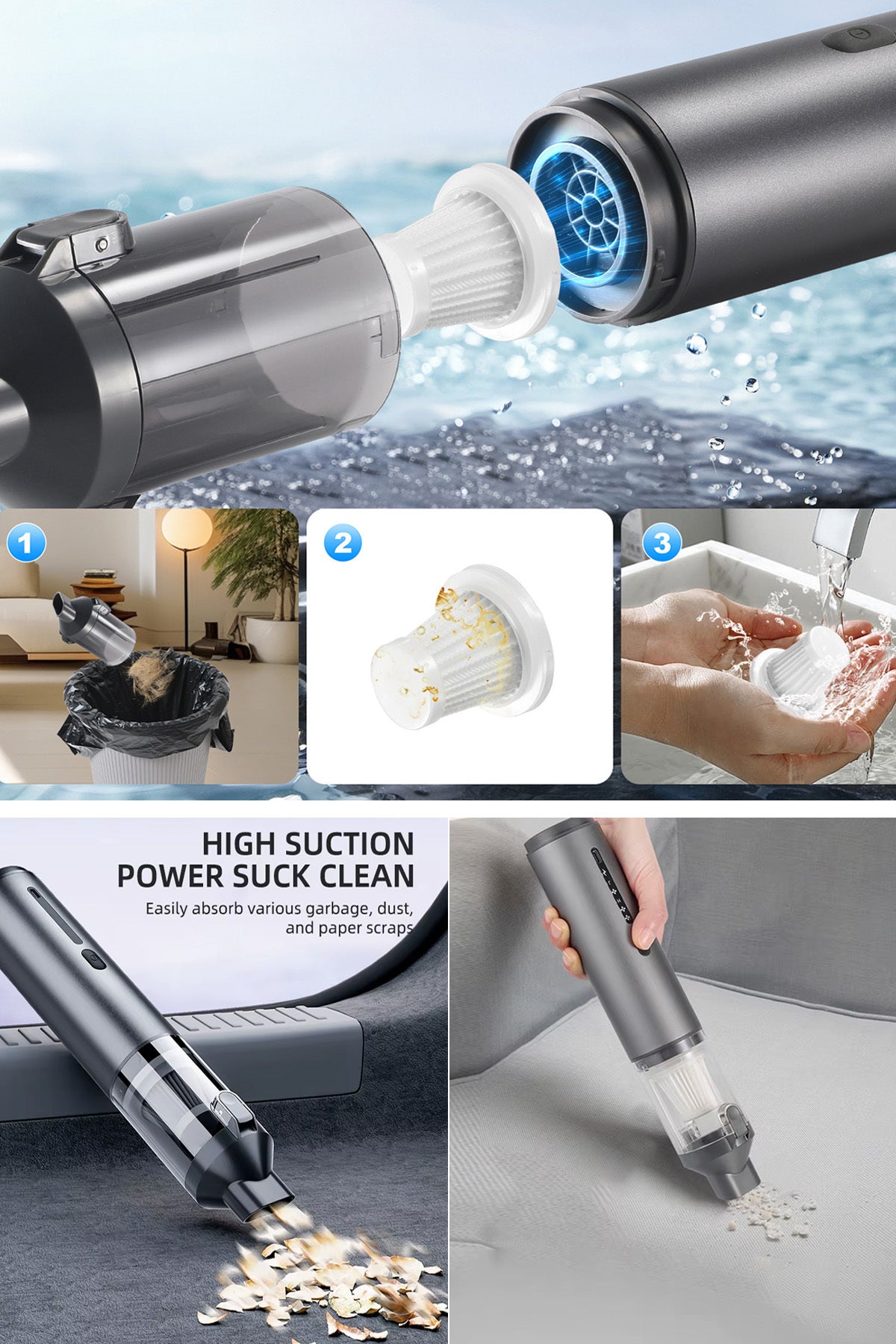 19000Pa Kablosuz Araç ve Ev İçi Şarjlı Süpürge Araba Süpürgesi Şarjlı El Süpürgesi 2600mAh - Görsel 4