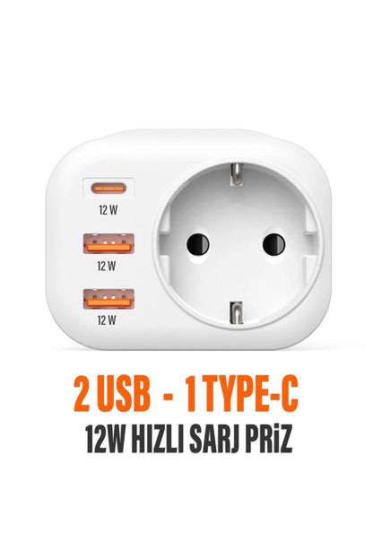 USB Type-C Priz Şarj Adaptörü Priz - 2 USB - 1 Type-C Girişli Çoklu Priz Fiş