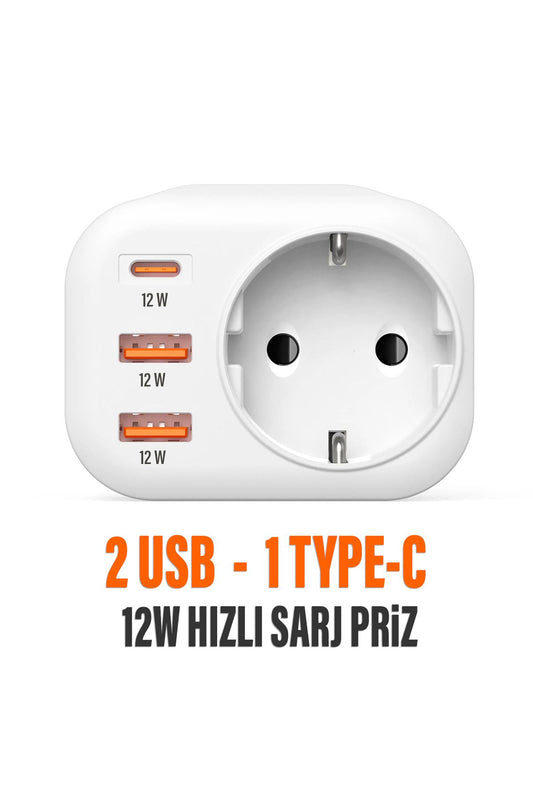 USB Type-C Priz Şarj Adaptörü Priz - 2 USB - 1 Type-C Girişli Çoklu Priz Fiş