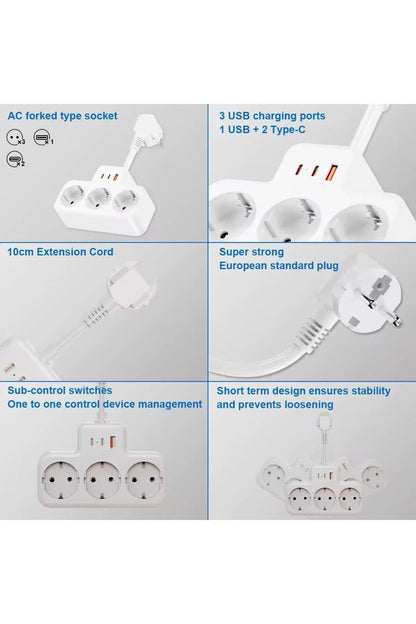 Çoklu Kablolu Priz -Priz Çoğaltıcı-Priz Dönüştürücü 1USB - 2Type-C Girişli Yüksek Akım Korumalı Fiş - Görsel 7